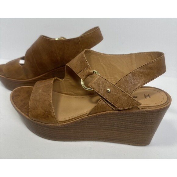 Johnston and Murphy Brown Leather Open Toe Wedges Wooden Heel Gold Buckle Sz 10 - Picture 2 of 10